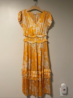 Current Air Gold Floral Ruffle-Trim Midi Dress